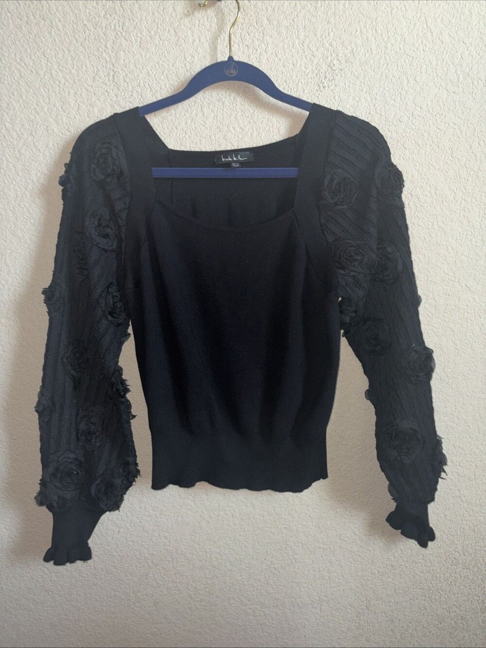 Square Neck Knit Sweater Balloon Sleeve aplique Roses Embellishment L Fairy Goth